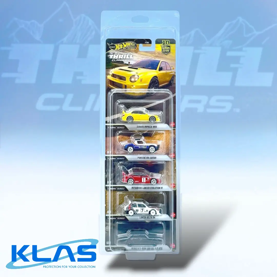 Hot Wheels Premium, Thrill Climbers, Subaru Impreza WRX, Porsche 914 Safari, Mitsubishi Lancer Evolution VI, Lancia Delta S4, Mercedes-Benz 300 SEL 6.8 AMG, Hot Wheels Car Culture, Hot Wheels 5 Car Set, Rally Cars, KLAS Car Keepers, Hot Wheels Protectors