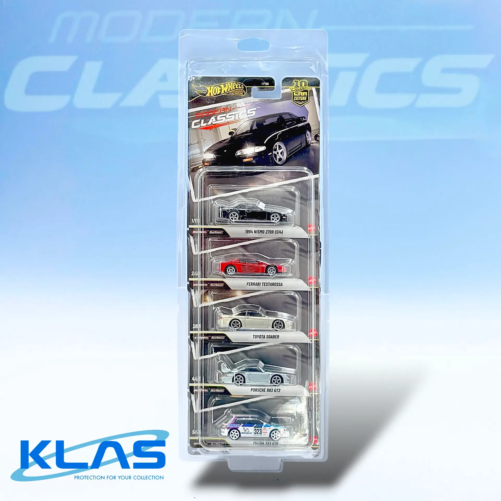 Hot Wheels Premium, Modern Classics, Nissan 270R, Nissan Silvia S14, Ferrari Testarossa, Toyota Soarer, Porsche 993 GT2, Mazda 323 GTR, Hot Wheels Car Culture, Hot Wheels 5 Car Set, KLAS Car Keepers, Hot Wheels Protectors