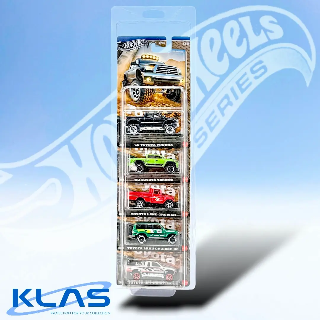 Hot Wheels Toyota Silver Series 5 car set displayed inside a KLAS Silver Series XL 5er Car Keeper protectorHot Wheels Toyota Silver Series 5 car set displayed inside a KLAS Silver Series XL 5er Car Keeper protector