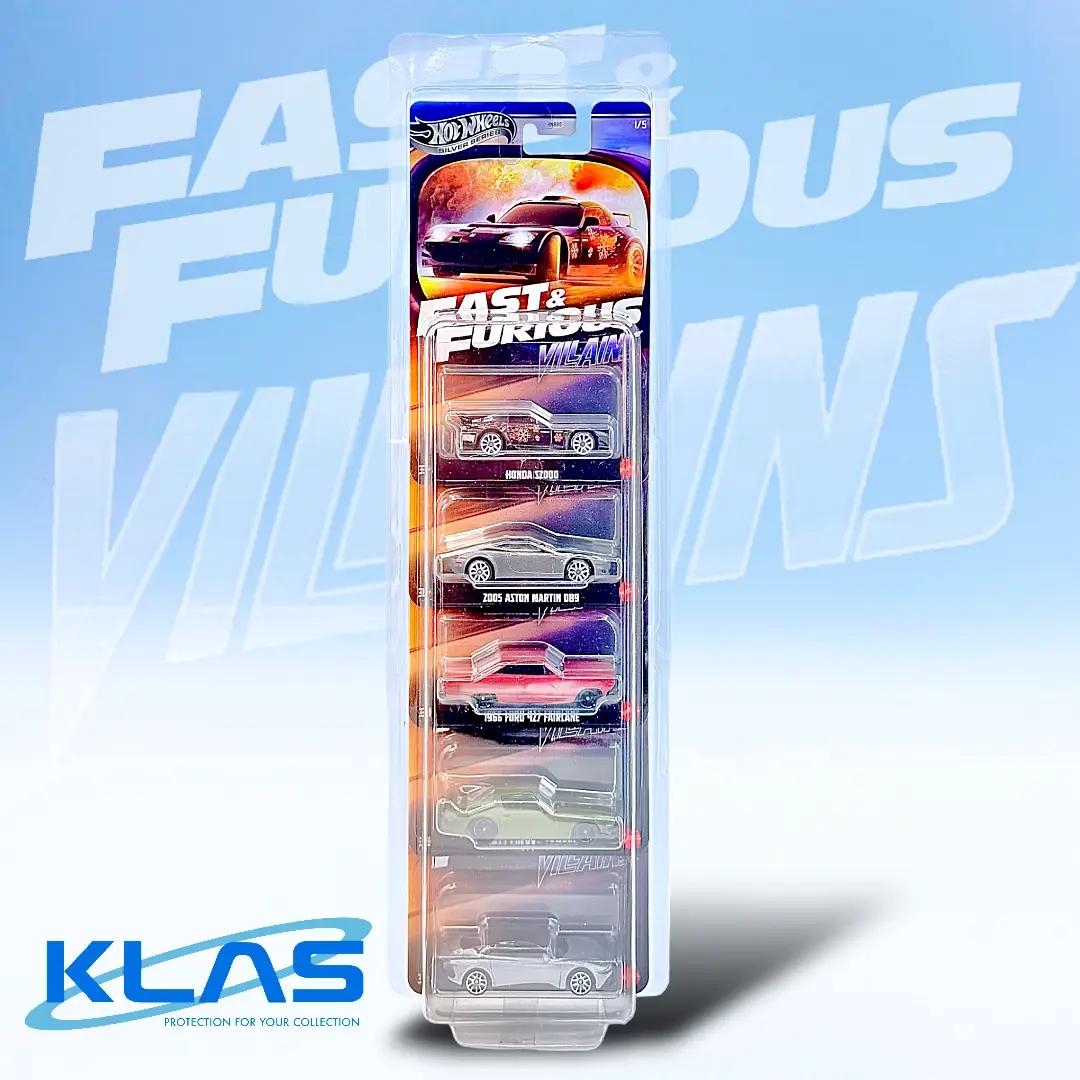 Hot Wheels Fast & Furious Villains 5 car set displayed inside a KLAS Silver Series XL 5er Car Keeper protector