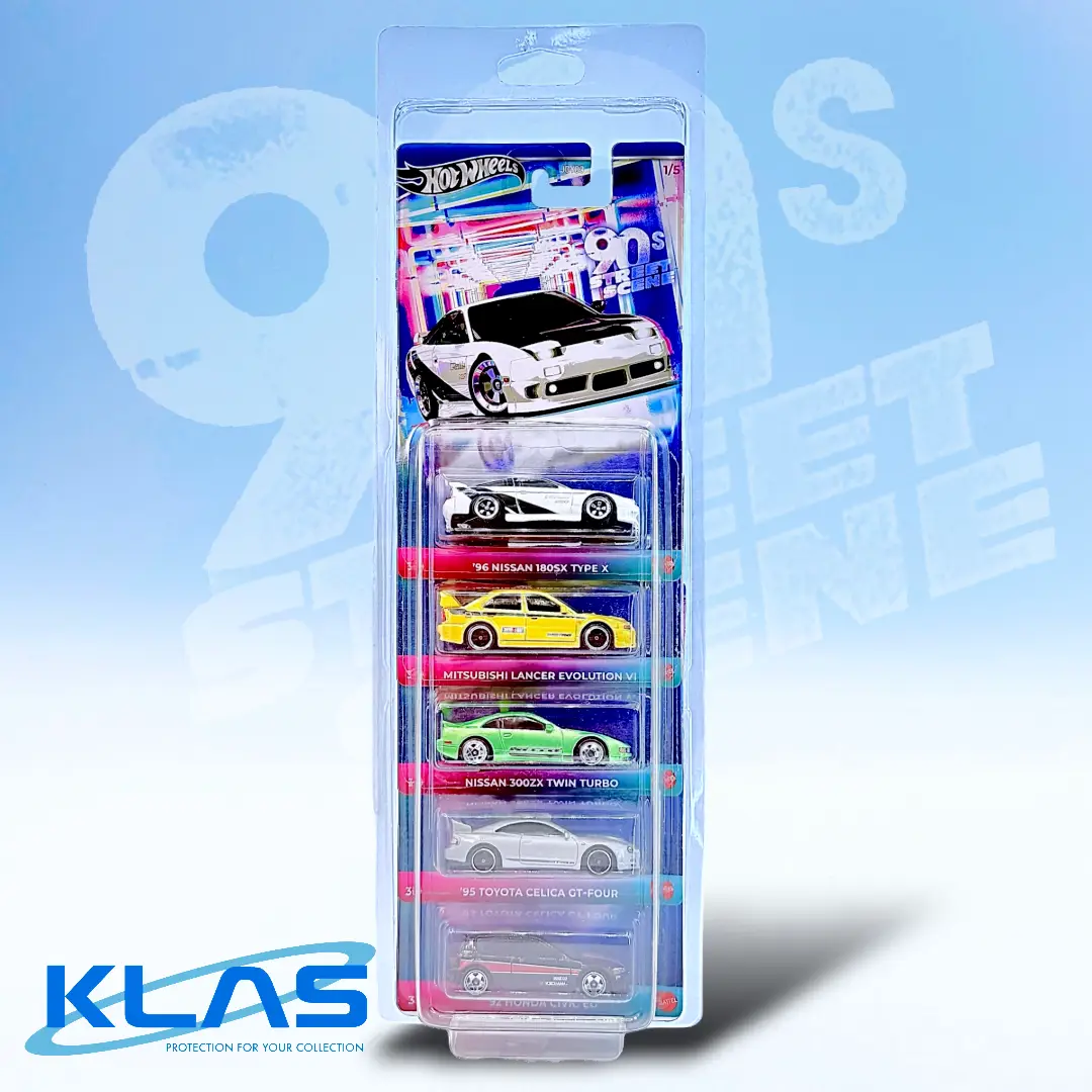 Hot Wheels 90s Street Scene 5 car set displayed inside a KLAS Silver Series XL 5er Car Keeper protector