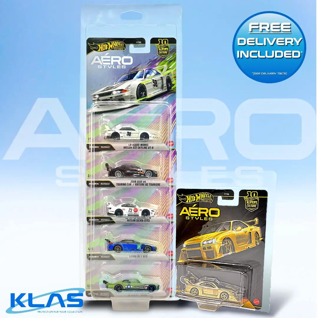 Hot Wheels Aero Styles complete set including Gold LB-ER34 Skyline Chase protected in KLAS Car Keepers