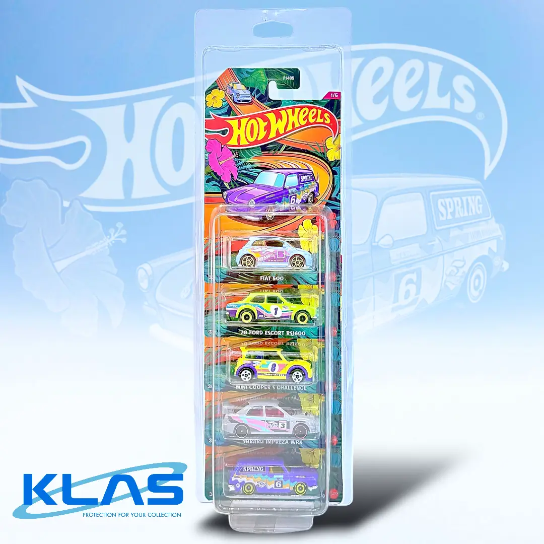Hot Wheels Spring 5 car set displayed inside a KLAS Silver Series XL 5er Car Keeper protector