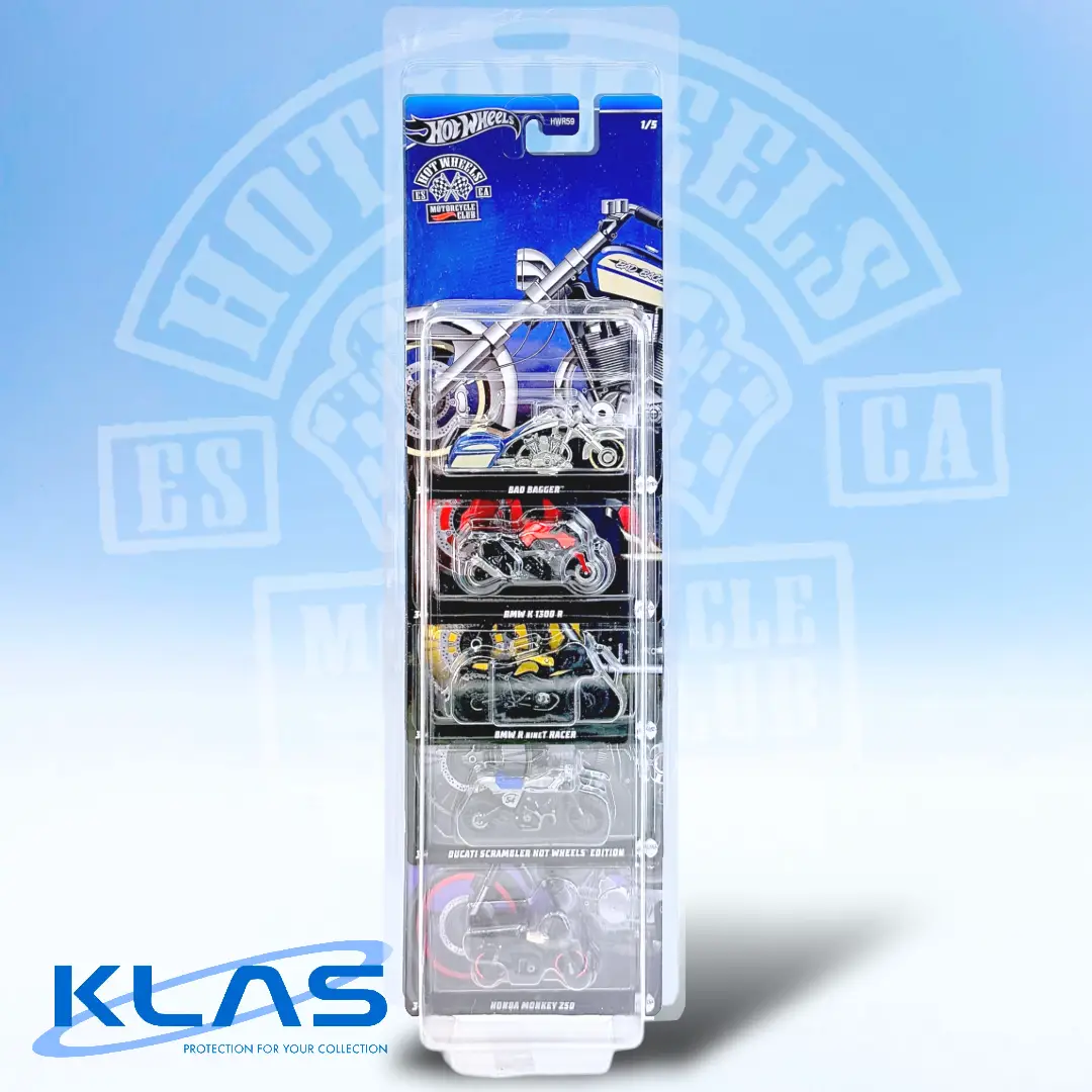 Hot Wheels Motorcycle Club 5 bike set displayed inside a KLAS Silver Series XL 5er Car Keeper protector