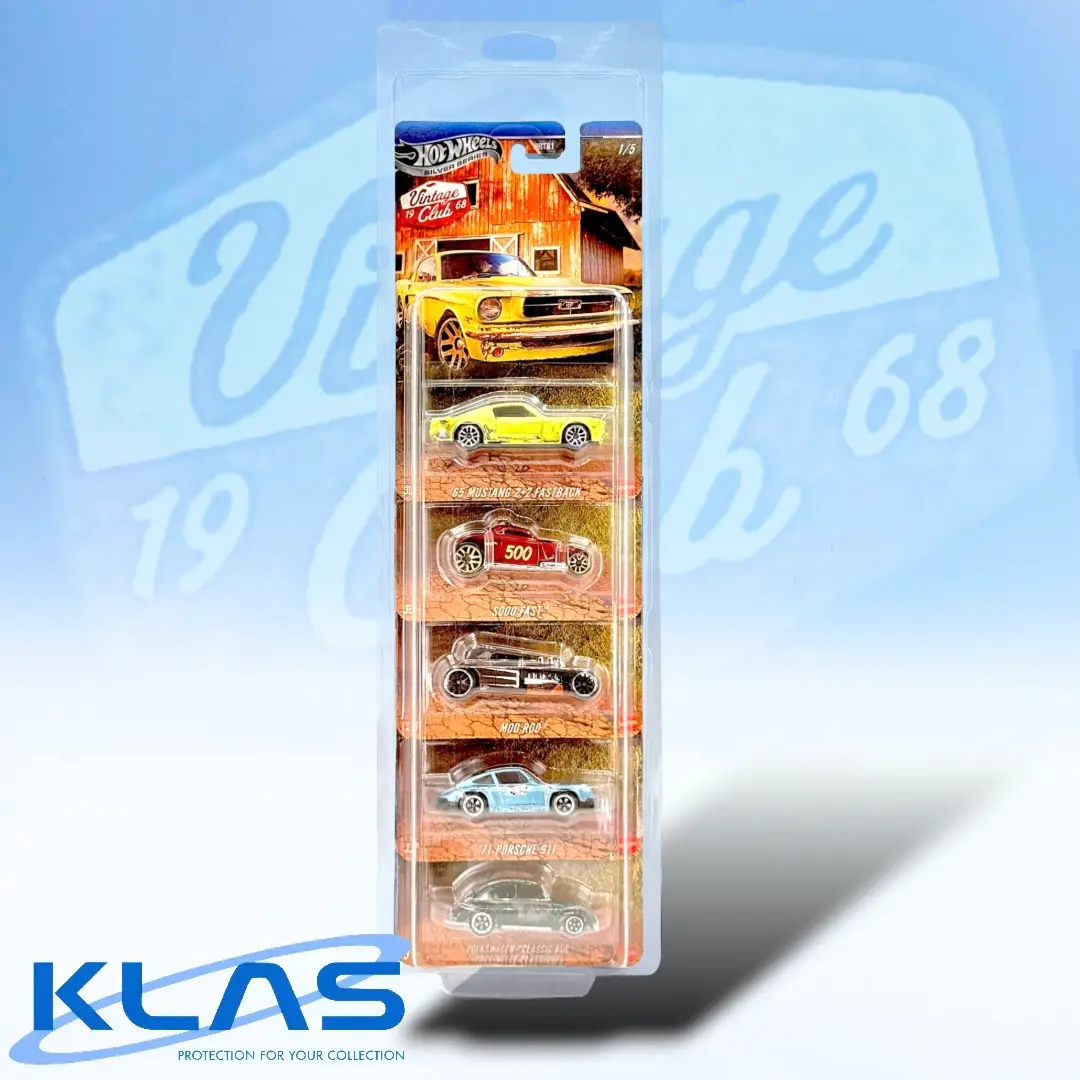 Hot Wheels Vintage Club 68 Silver Series 5 car set displayed inside a KLAS Silver Series XL 5er Car Keeper protector