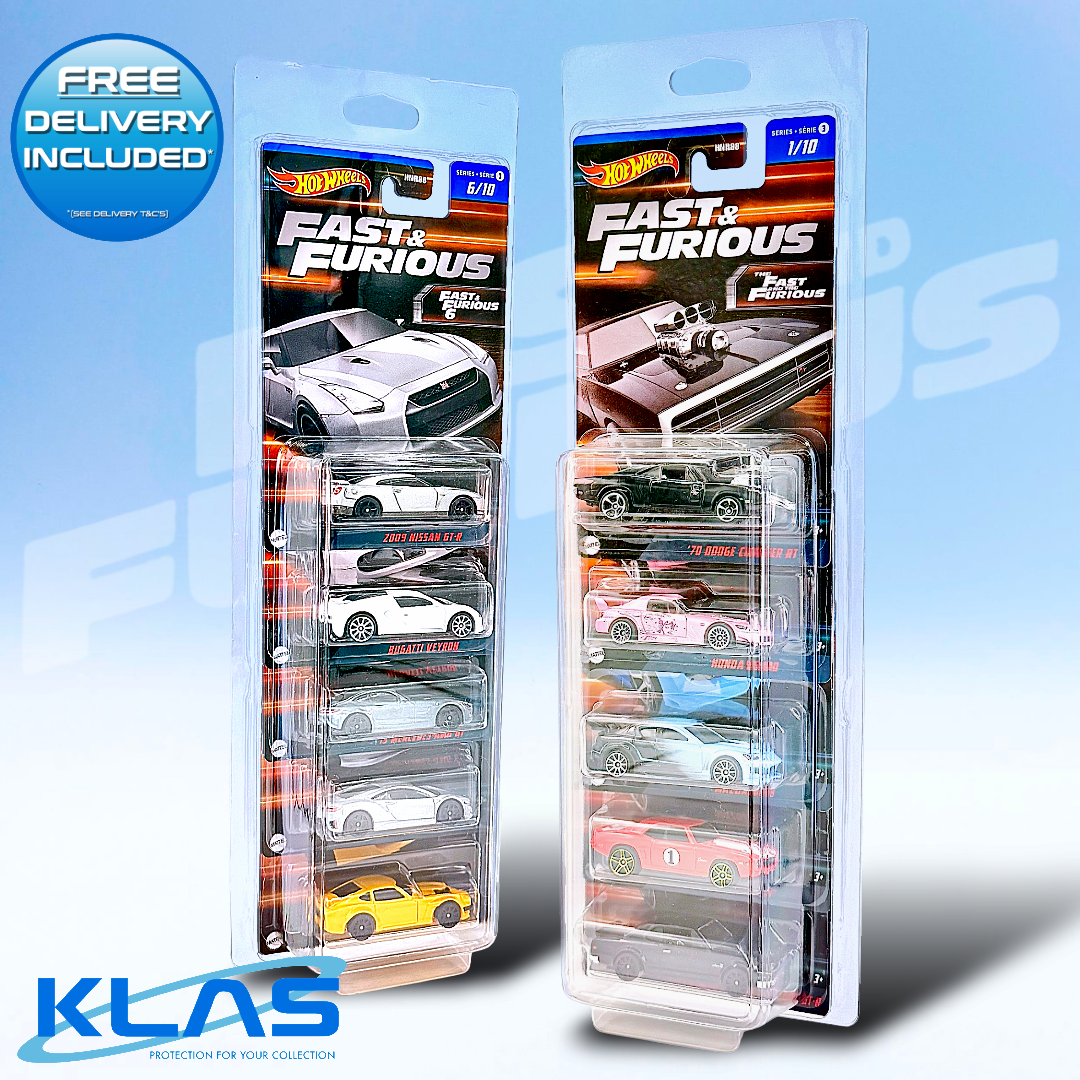 Hot Wheels Fast & Furious Series 3 complete 10 car set displayed inside KLAS Silver Series XL protector cases Hot Wheels Fast & Furious Series 3 complete 10 car set displayed inside KLAS Silver Series XL protector cases