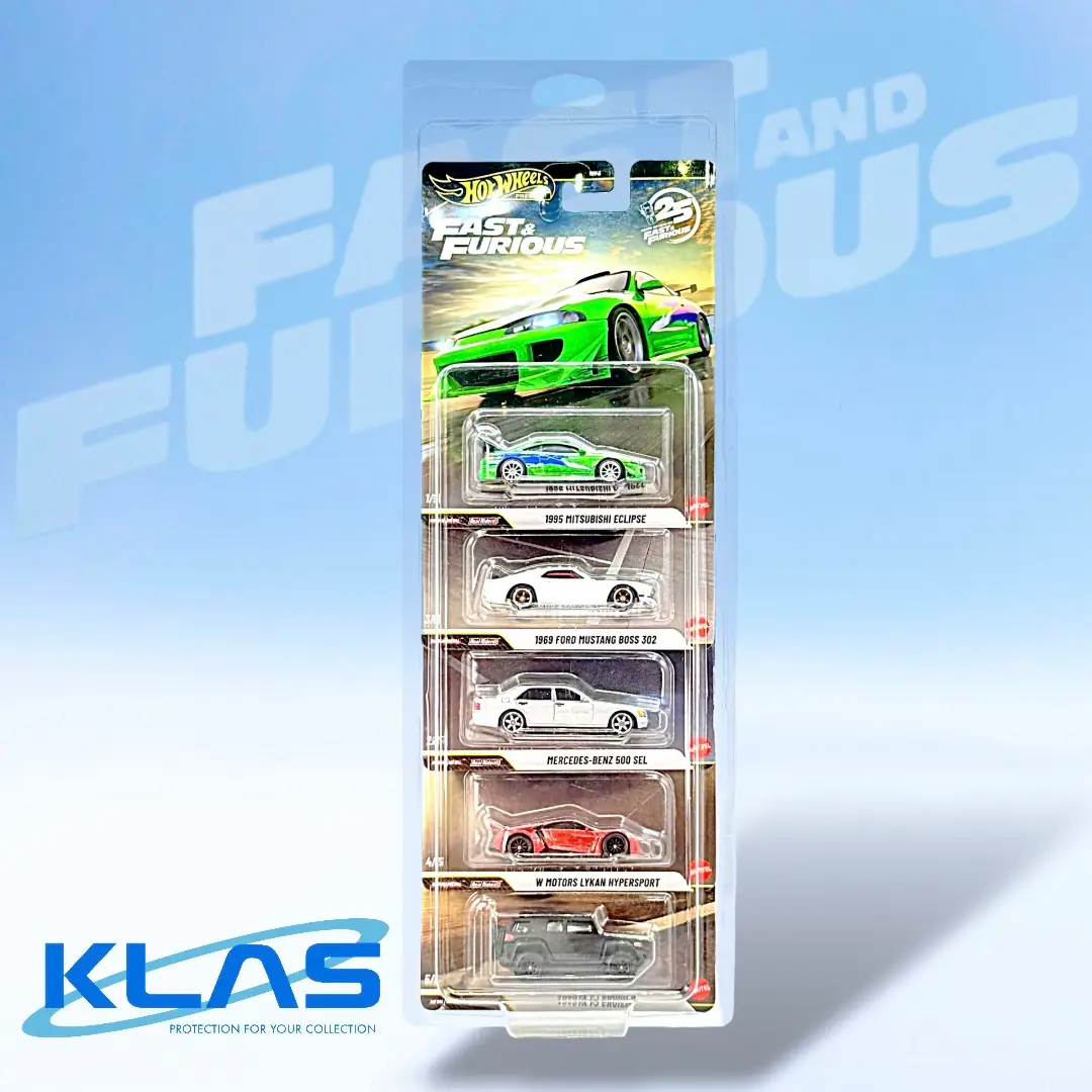 Hot Wheels Premium Fast & Furious 25th Anniversary 5 Car Set featuring Mitsubishi Eclipse, Mercedes-Benz 500 SEL, Ford Mustang Boss 302, Lykan HyperSport and Toyota FJ Cruiser. Includes your choice of KLAS protection.